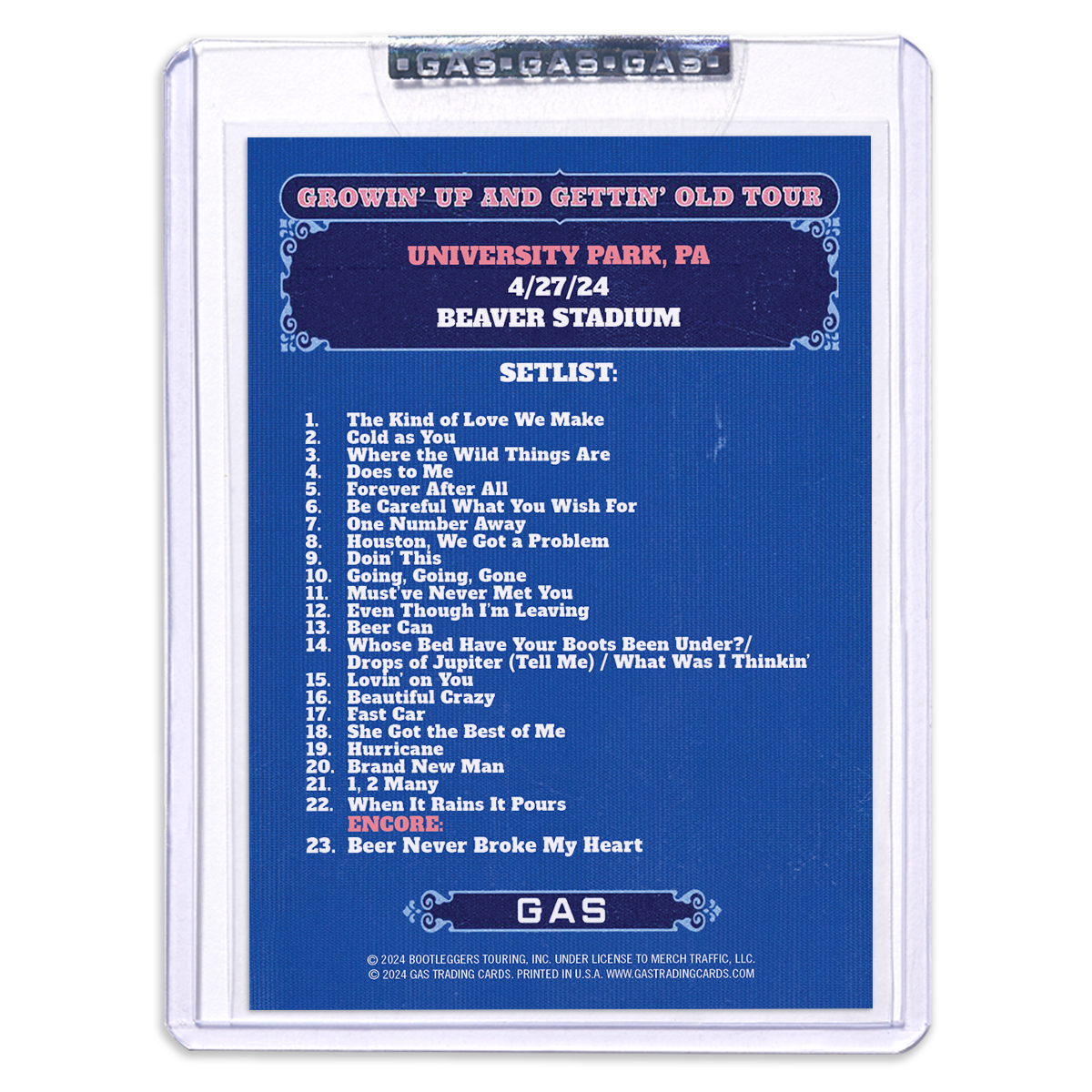 University Park April 27 Luke Combs 2024 Setlist Trading Card