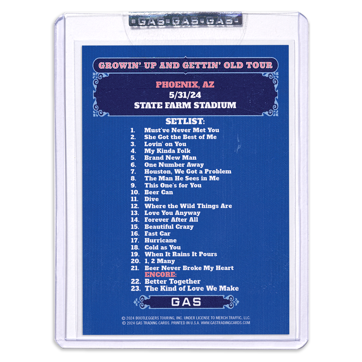 Phoenix May 31 Luke Combs 2024 Setlist Trading Card