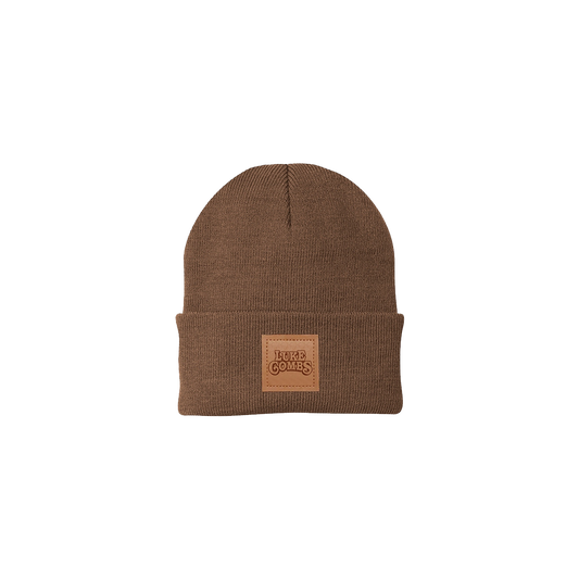 Leather Patch Beanie - Brown